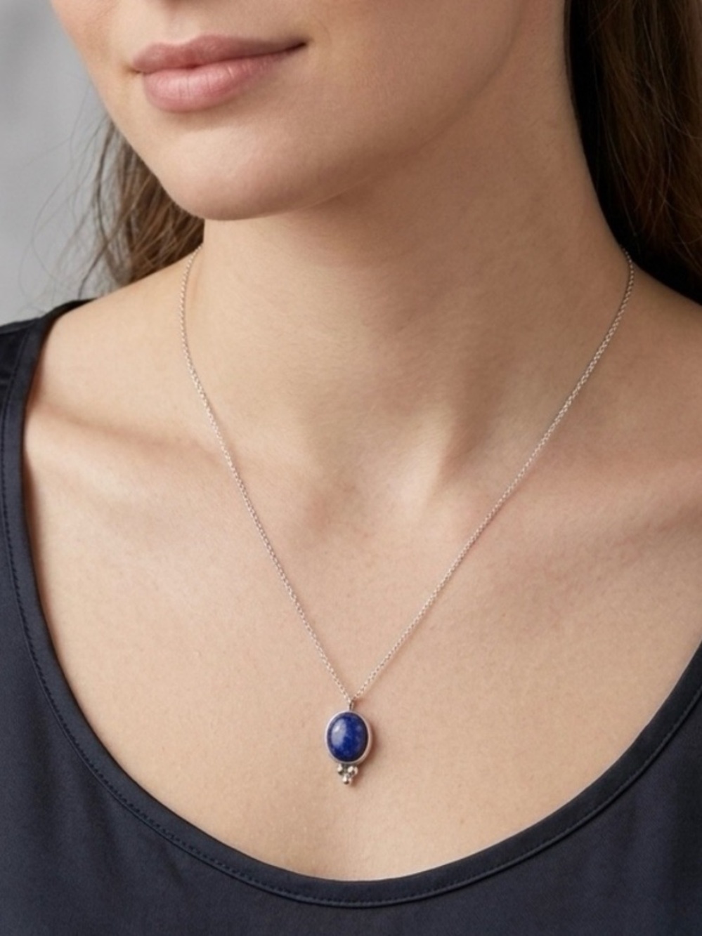 925 Sterling Silver and Blue Sodalite Oval Pendant Necklace, 20”